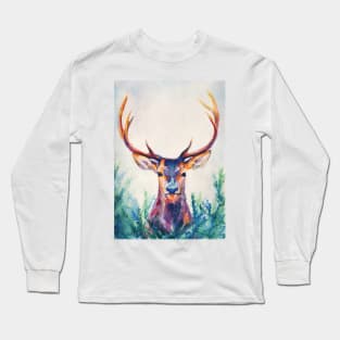 watercolor deer with big antlers Long Sleeve T-Shirt